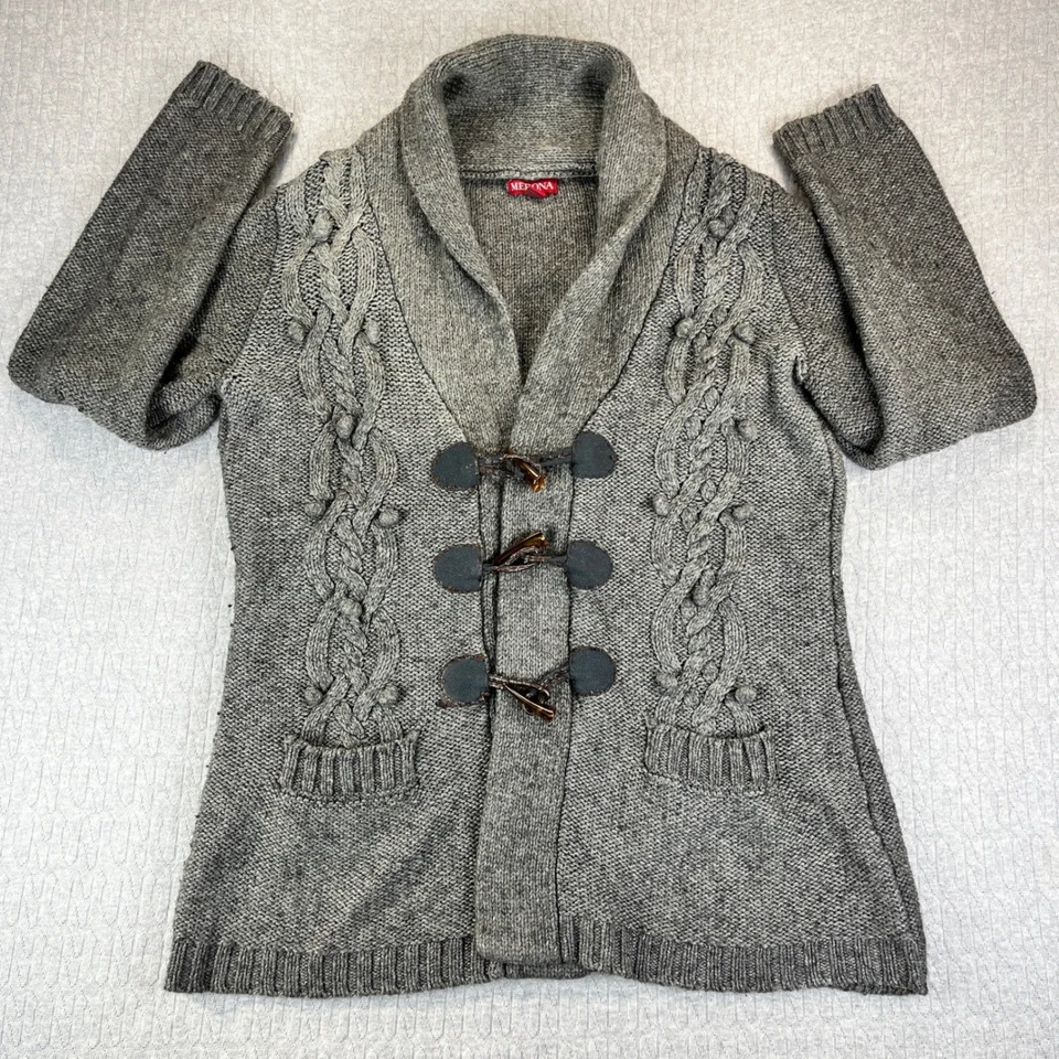 Cárdigan grueso tejido con cable para mujer S suéter botón de palanca gris mezcla de lana/lino Foto 1 de 4