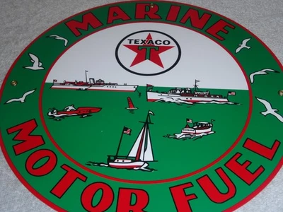 ВИНТАЖНЫЙ ЗНАК TEXACO МОРСКОЙ МОТОР ТОПЛИВО + ЛОДКА 11 3/4 ДЮЙМА ФАРФОРОВЫЙ МЕТАЛЛИЧЕСКИЙ БЕНЗИН МАСЛО - Изображение 1 из 4