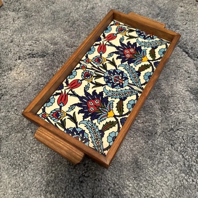 Handmade Olive Wood Serving Tray with Blue Ceramic Art – TRY BLUE - Image 1 of 4