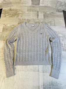 Hollister Wonens Med Gray Ribbed Cable Knit Cropped Sweater V-Neck Long Sleeve - Picture 1 of 7