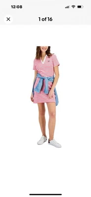 ✨ Tommy Hilfiger L Striped Polo Dress Pink White Scallop Collar Embroidered Logo - Image 1 of 4