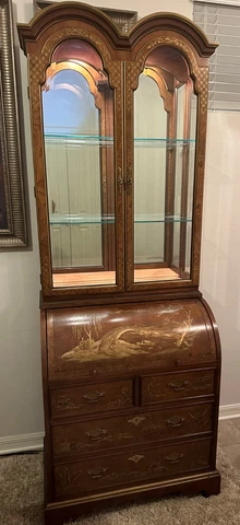 Hekman Walnut Burl "Unique Roll-Top" Secretary lighted  - Oriental Hand Painted Cover