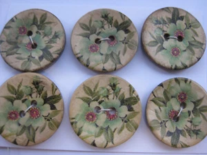 30mm Large Lovely Floral Blue Green Coconut Shell Designer Sewing Buttons Set 6 - Picture 1 of 6