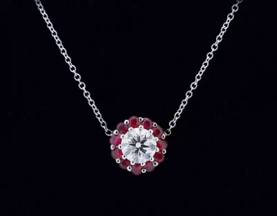 1CT Lab-Grown Diamond & 0.51CT Ruby 14K White Gold Necklace EF/SI Pendant - Image 1 of 4