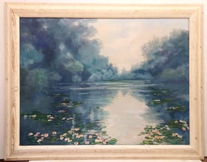 LISTED AMERICAN EDITH MONTLACK SIGNED O/C IMPRESSIONIST LILYPOND LAKESCAPE - Picture 1 of 8