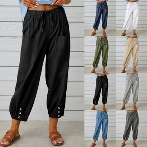 Plus Size Ladies Cotton Linen Casual Long Pants Womens Solid Cropped Trousers US - Picture 1 of 17