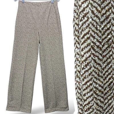 VTG 70s Bell Bottom Disco Pants Flare Herringbone Elastic Waist Stretch Trouser - Photo 1/4