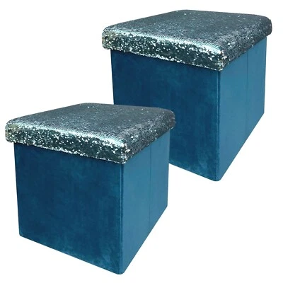 2er Set Scatola Salvaspazio Smeraldo Sgabello Velluto Paillettes Pieghevole - Immagine 1 di 4