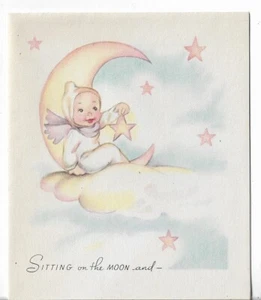 VTG Christmas Card -approx 4x5" - Angel Sitting on the Moon, Stars - Picture 1 of 3