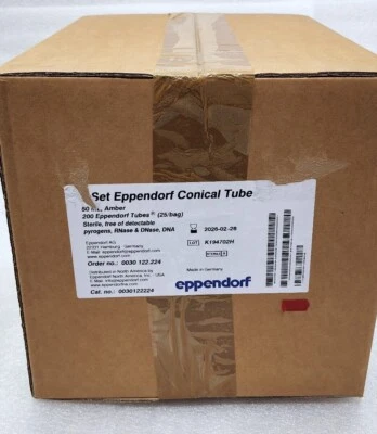 Tubos cónicos Eppendorf 50 ml, ámbar, paquete de 200, n.º de parte: 0030122224, caducidad 2026 Foto 1 de 3