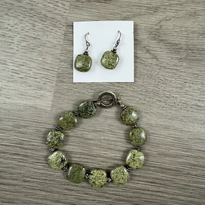 Set orecchini bracciale pietra verde perline argento sterling perline roccia - NUOVI - Foto 1 di 3