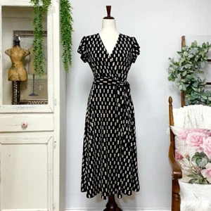 Joseph Ribkoff Wrap Front Jersey Midi Dress Black Beige Size 10 Style 222202 - Picture 1 of 16