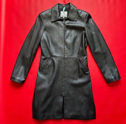 Abito cappotto Versace jeans couture in pelle nera con cerniera foderato sul davanti pelle pulito S