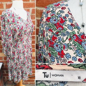 TU Size 18 Cream Blue Red Floral Dress Summer Holiday Wedding Excellent L2 - Picture 1 of 6