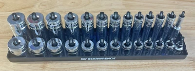 GearWrench 3/8" Dr SAE 12pt Shallow Deep Sockets 80561 80563 w/Tray 1/4"-1" - Image 1 of 4
