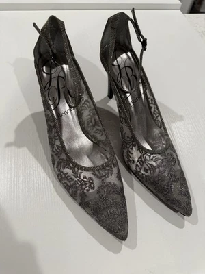 J Renee Silver Gunmetal Gray Glitter lace High Heels 10 Rhinestone Ankle Strap - Image 1 of 4