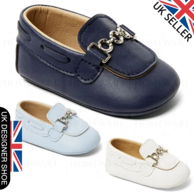 BABY BOYS SHOES SOFT SOLE SLIP ON NAVY, WHITE, BABY BLUE - UK DESIGNER PRAM SHOE - image 1 of 4