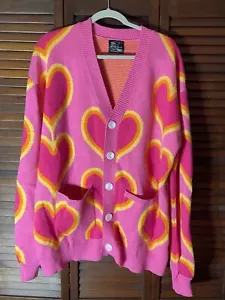 STEADY HANDS CHUNKY CARDIGAN SWEATER SOFT PETAL PINK HEARTS COTTAGE CORE M/L - Picture 1 of 8