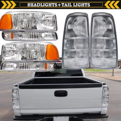 Chrome Headlights +Clear Tail Lights Set For 1999-2006 GMC Sierra 1500 2500 350 - Image 1 of 4