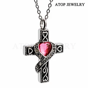 Crystal Heart Cross Urn Necklace For Ashes Cremation Pendant Keepsake Memorial - Picture 1 of 19