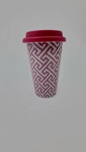 pink geometric ceramic tumbler with lid no logo 6" tall coffee tea drink - Picture 1 of 12