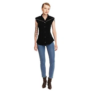 Top nero Rockabilly Western Pearl snap davanti con maniche strappate taglia M - Foto 1 di 10
