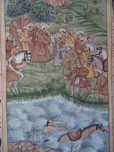 Royal Hunting Party Incident, Original Indian Goauche Painting on Silk. Framed - Picture 1 of 4