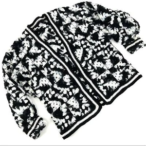 Cárdigan Suéter De Colección Abuela Cuadrado Frente Abierto Manga Globo Crochet M/L Negro Blanco - Imagen 1 de 6