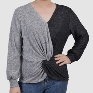 NY Collection Women Gray Twist Front Colorblocked Top Petite Size PS - Picture 1 of 1