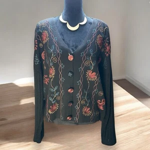 Carole Little Knitwear Vintage Cardigan Sweater Embroidered floral black Medium - Picture 1 of 6
