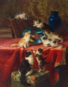 Marie Yvonne Laur Curious Cats And The Goldfish Bowl Canvas Print 16 x 20 - Picture 1 of 4