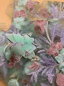 Butterfly & Floral Lace Material Green And Pink Color 24” Length X 10” Wide Tull - Picture 1 of 7