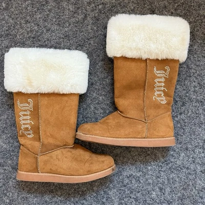 Juicy Couture Y2K Kastle Faux Suede Fur Boots Tan Rhinestone Logo - Image 1 of 4
