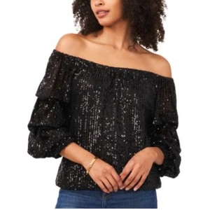 Vince Camuto Damen schulterfreie Pailletten Bluse schwarz geraffte Ärmel Gr. S - Bild 1 von 8