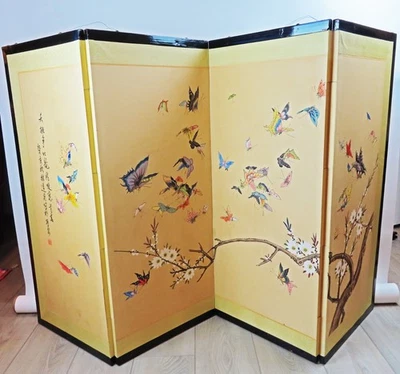 Mid-Century Chinese Japanese Byobu Folding Screen Butterflies Blossoms Signed - Image 1 of 4