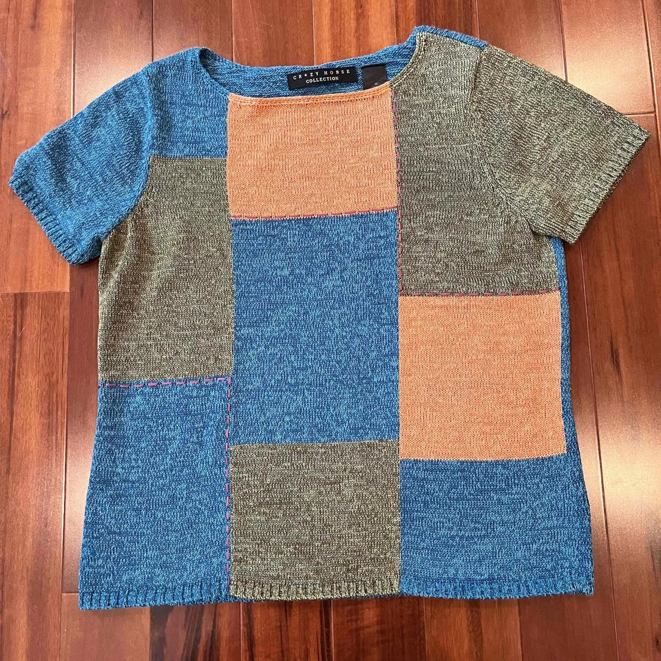 Crazy Horse Blue Multi Sweater Knit Short Sleeve Crew Pullover Colorblock Sz M - Image 1 of 4