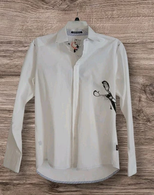 Volcom Vtg. Shirt Mens Med Tailored White Scizzors Design Double Button Mitered - Image 1 of 4