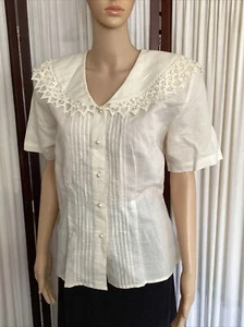 Vintage Hasting & Smith Retro Womens Top Sz 12 Ivory Button Up Blouse - Picture 1 of 9