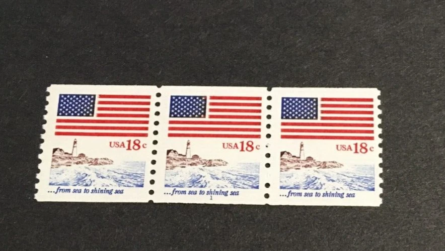 #1891  18 cent  FLAG COIL STRIP OF 3 PLATE #1 MNH OG Sea to Shining Sea Seacoast - Image 1 of 2