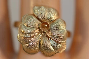 14K YELLOW GOLD DIAMOND CUT TEXTURE ROSE JASMINE POPPY ORCHID FLOWER RING SIZE 9 - Picture 1 of 21