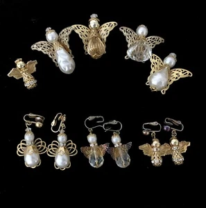 Lot 5 Handcrafted Angel Scatter Pins + 3 Pairs Clip on Earrings Brooch Gold Tone - Imagen 1 de 9