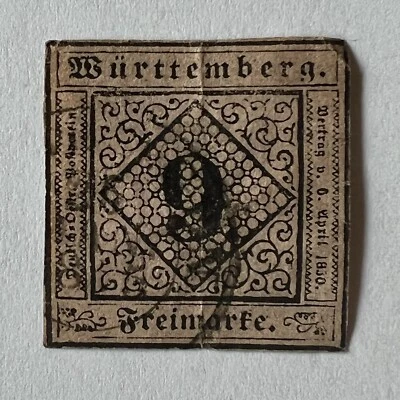 1851 WURTTEMBERG GERMANY 9 KR STAMP #5 IMPERF NUMERAL IN FRAME - Image 1 of 2