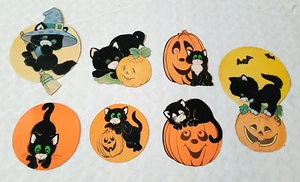 Vintage 7 Stück STANZUNG Katzen Kürbis Halloween Ausschnitte Deko beflockt Filz cool - Bild 1 von 12
