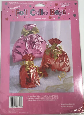 Paper Art 12pk Foil Cello Gift Bags 11” 10” 8”Christmas Valentines Birthday Wrap - Image 1 of 4