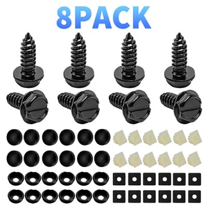 8 Black License Plate Screws Stainless Steel Bolts Caps Car Dealer Fasteners Kit - Foto 1 di 16
