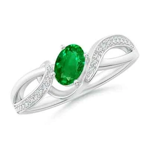 ANGARA Emerald Twisted Ribbon Ring with Diamond Accents in Silver (Size-6x4mm) - Picture 1 of 30
