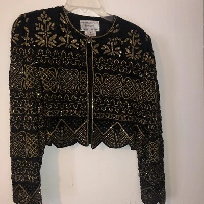 Papell Boutique Evening Black & GOLD 100% Silk Beaded Womens Jacket SMALL - Image 1 of 4