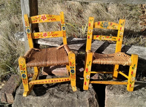 2 Childs Antique Folk Art Yellow Rocking Chair & Straight Chair Rush Seats Cover