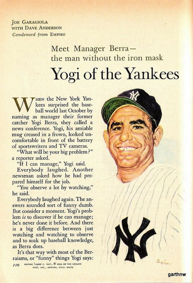YOGI BERRA 1964 PROFILE & ART NEW YORK YANKEES MANAGER FEATURE - Image 1 of 1