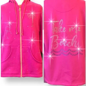 Quacker Factory Pink Sweatshirt Hoodie Rhinestones Take Me To The Beach Sz M - Picture 1 of 12
